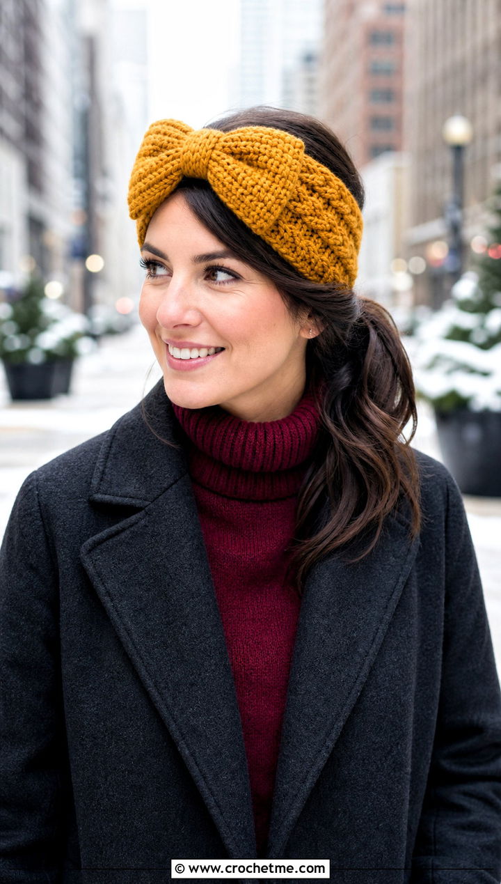 Cable Texture Crochet Bow Headband With Wool Coat And Wide Leg Pants - 30 crochet headband with bow outfit ideas