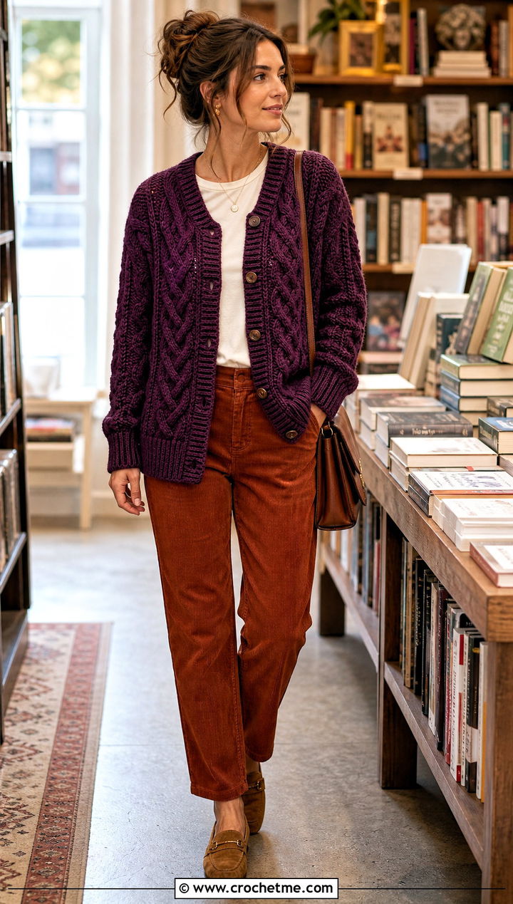 Cable Texture Crochet Button Sweater With Corduroy Pants - 30 Crochet Button Sweater outfit ideas