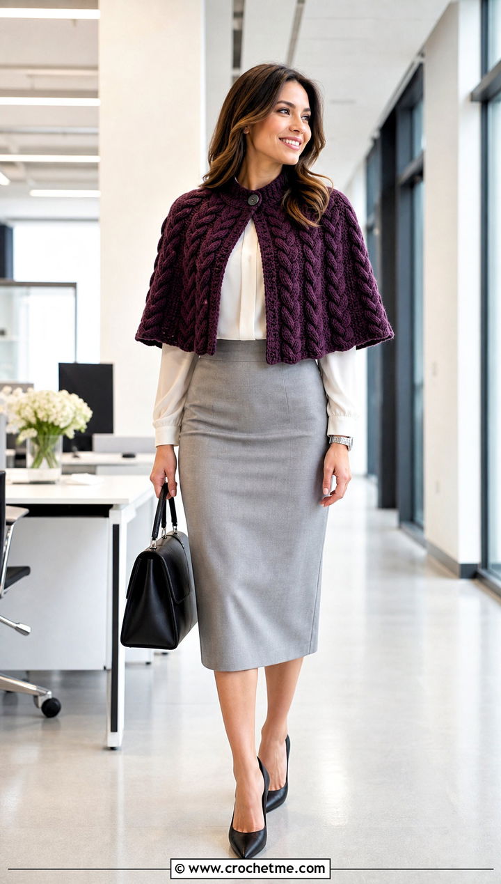 Cable Texture Crochet Capelet With Pencil Skirt - 15 Outlander Crochet Capelet outfit ideas