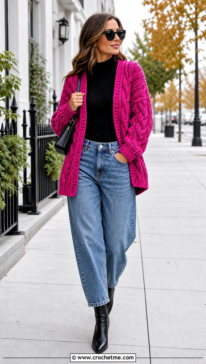 Cable Texture Crochet Cardigan With Barrel Jeans - 30 fast crochet cardigan outfit ideas