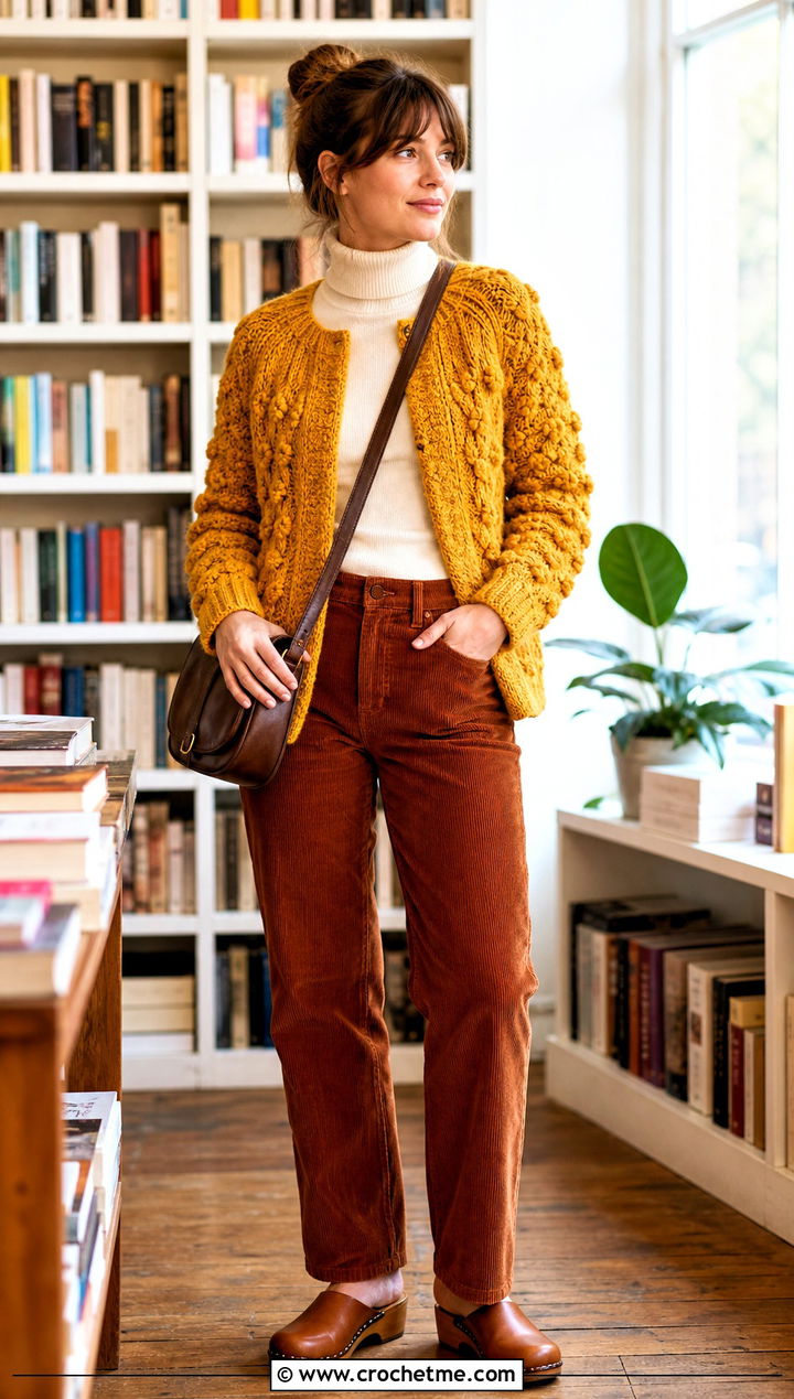 Cable Texture Crochet Cardigan With Corduroy Pants - 30 crochet for cardigans outfit ideas