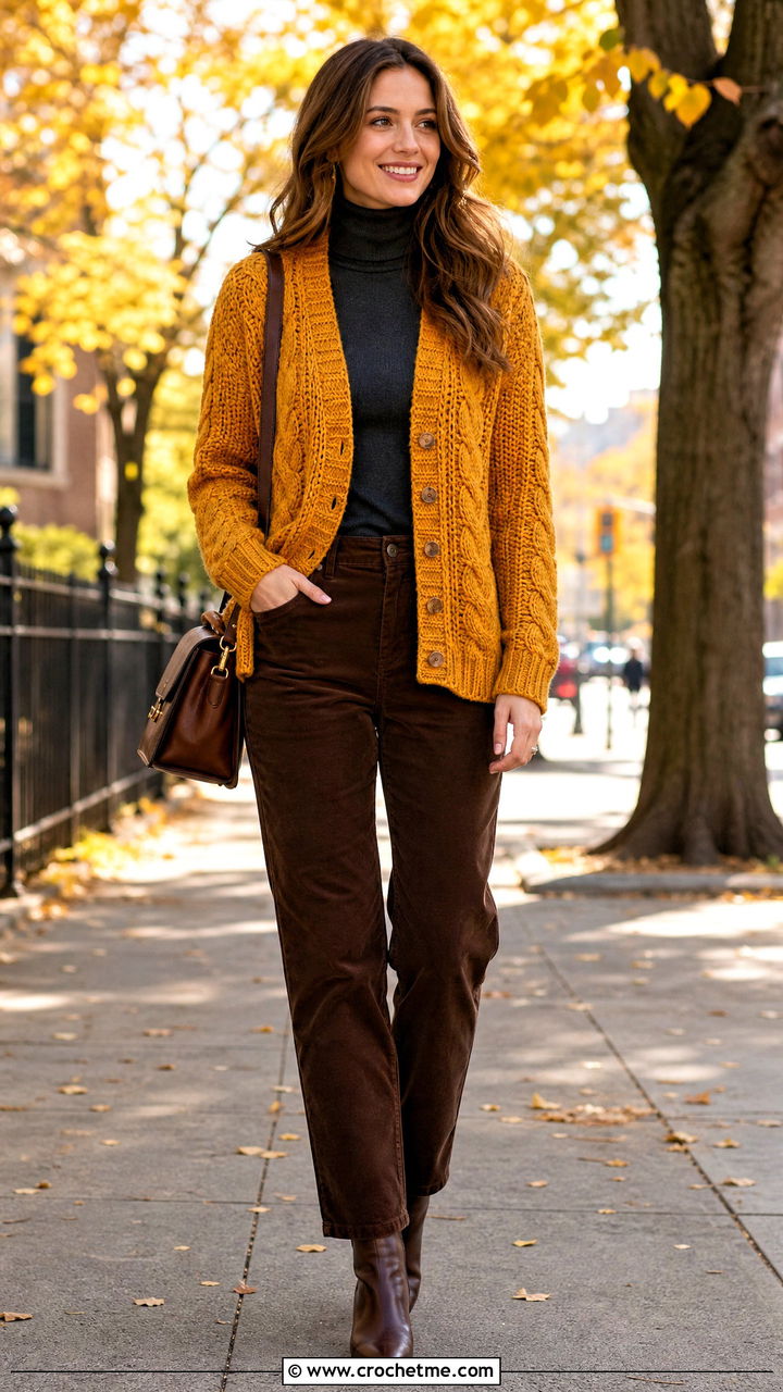Cable Texture Crochet Cardigan With Corduroy Pants - 35 crochet cardigan women outfit ideas