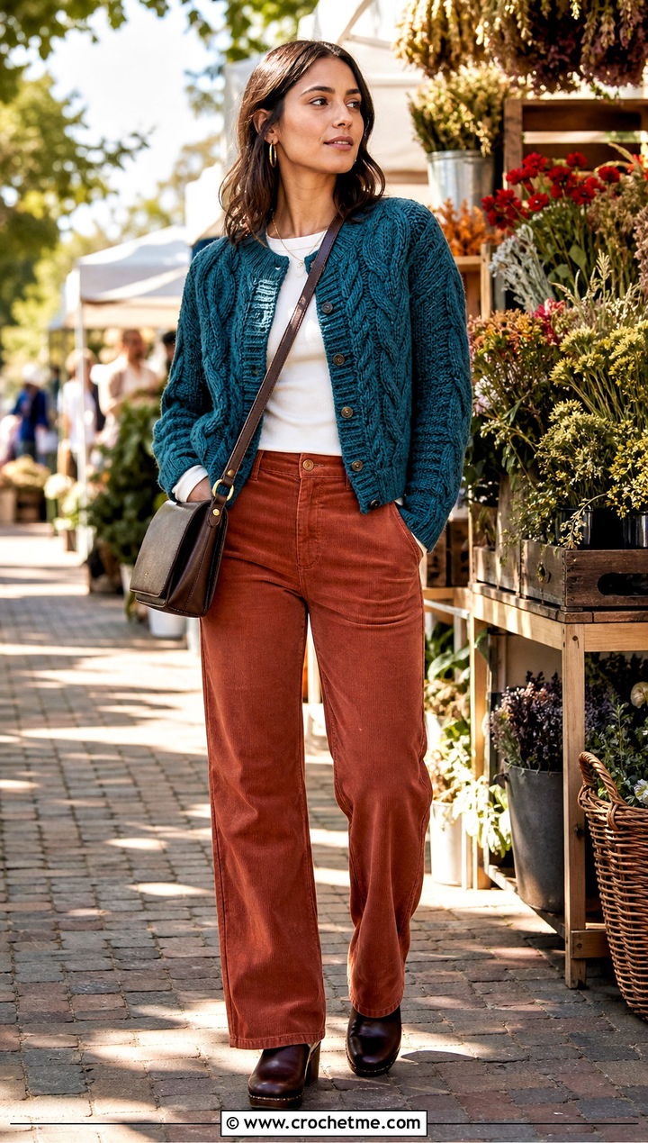 Cable Texture Crochet Cardigan With Corduroy Pants - 30 crochet cardigan design outfit ideas