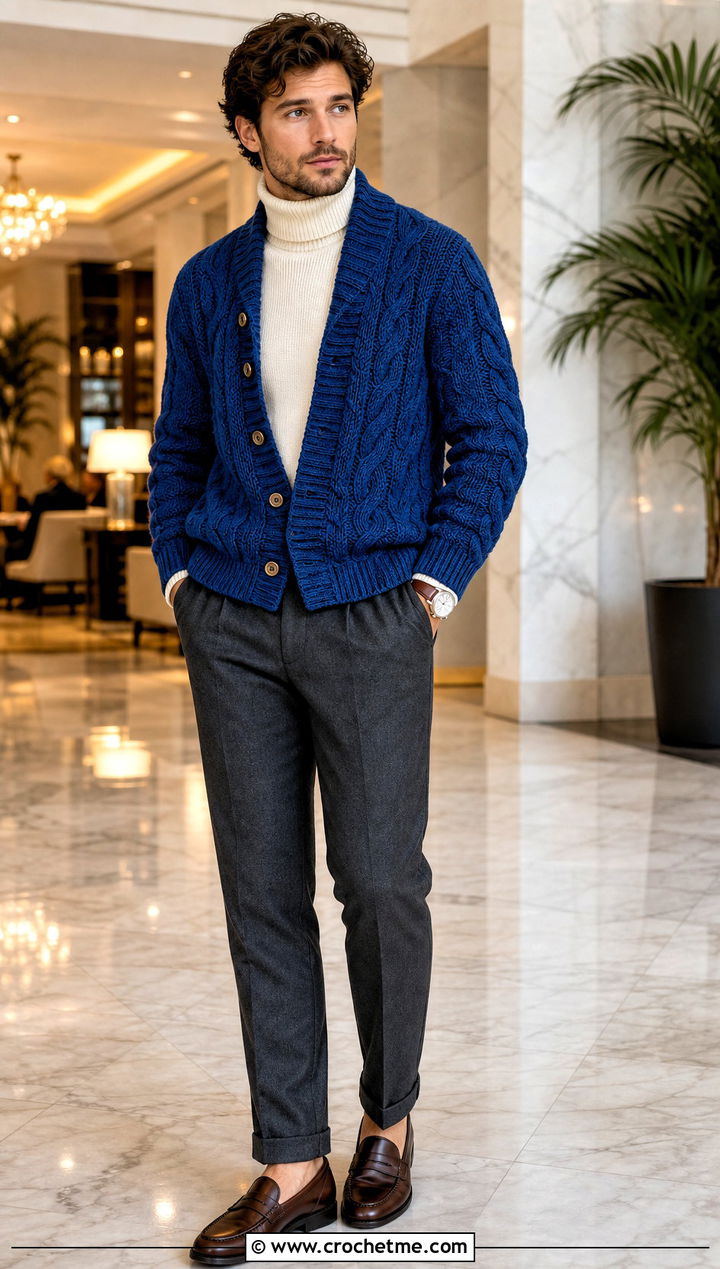 Cable Texture Crochet Cardigan With Flannel Trousers - 30 mens crochet cardigan sweater outfit ideas