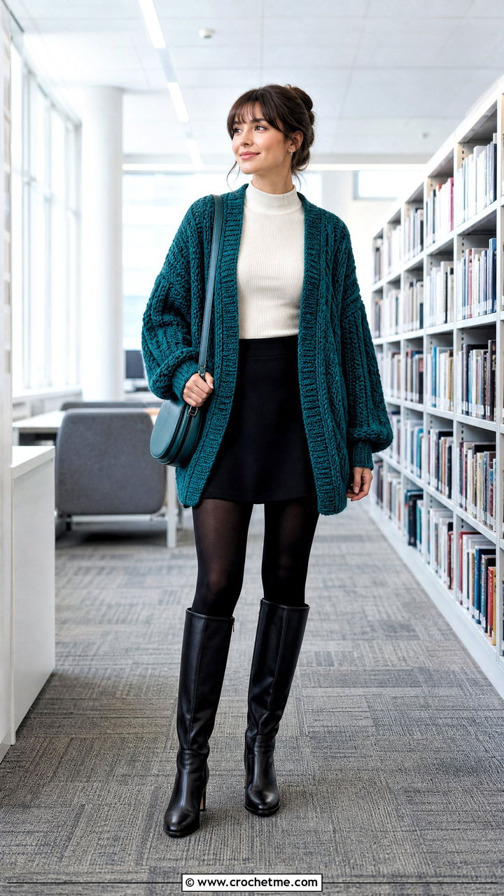 Cable Texture Crochet Cardigan With Mini Skirt - 35 oversized crochet cardigan outfit ideas