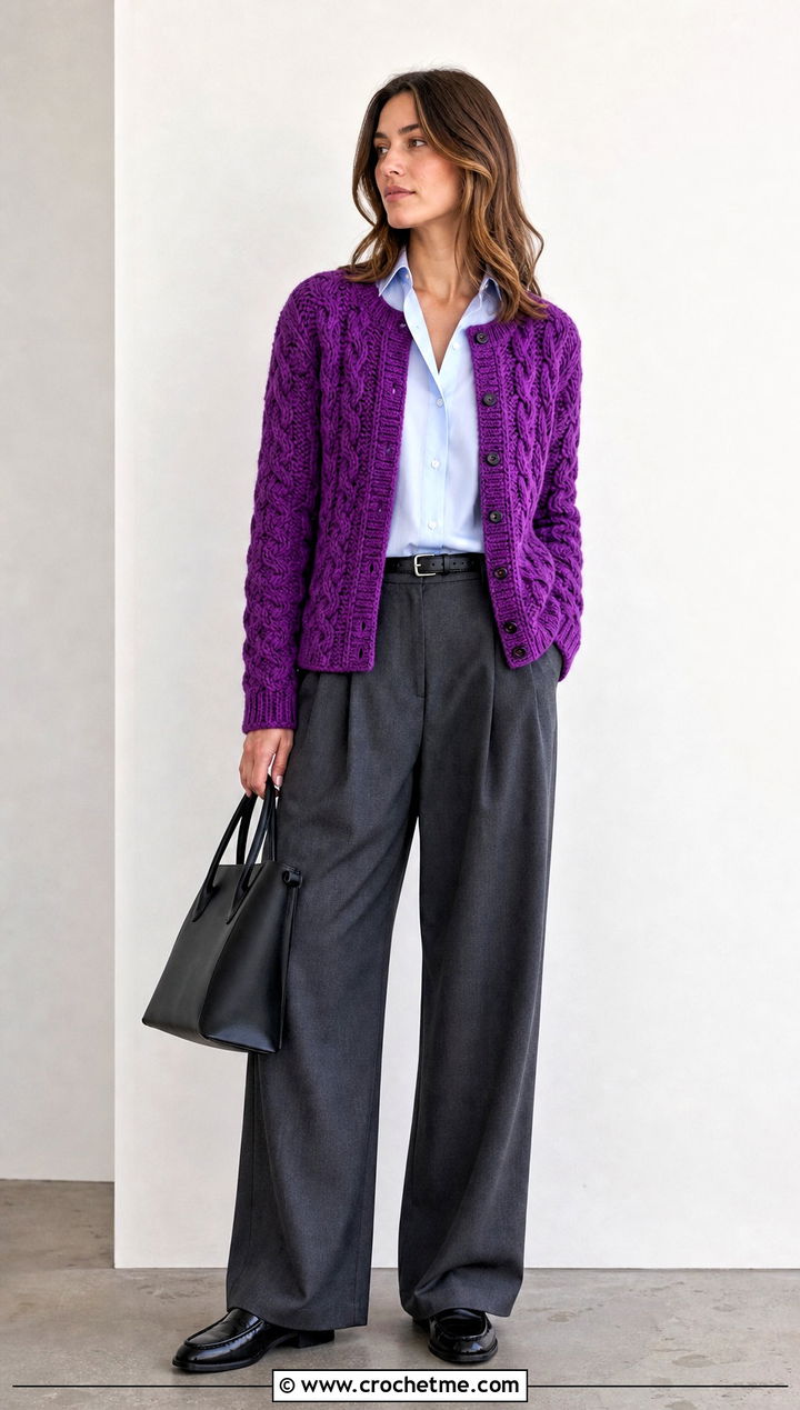 Cable Texture Crochet Cardigan With Wide Leg Suiting - 15 Autumn Crochet Cardigan Style outfit ideas