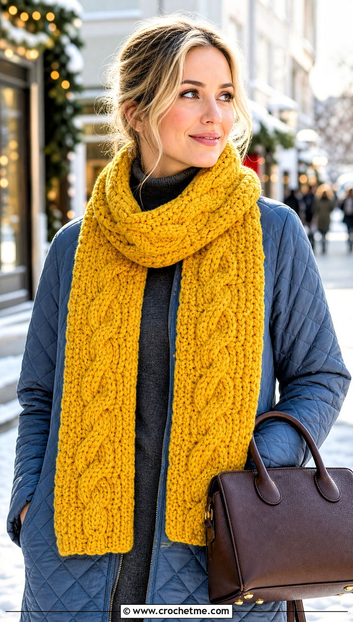 Cable Texture Crochet Chenille Scarf With Quilted Coat - 25 crochet chenille scarf outfit ideas