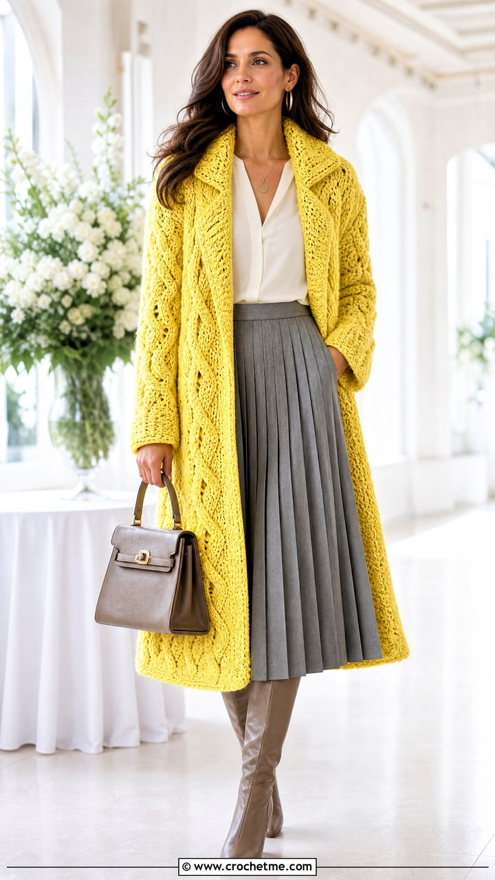 Cable Texture Crochet Coat With Pleated Midi Skirt - 35 crochet coat outfit ideas