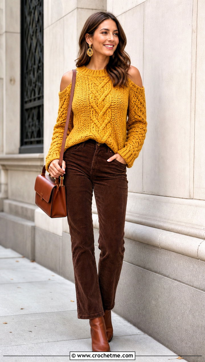 Cable Texture Crochet Cold Shoulder Top With Corduroy Pants - 35 crochet cold shoulder top outfit ideas