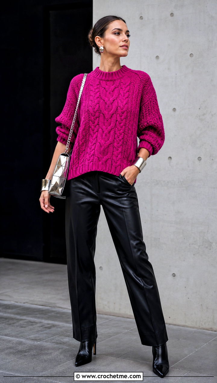 Cable Texture Crochet Cotton Jumper With Leather Pants - 15 Crochet Cotton Jumper outfit ideas