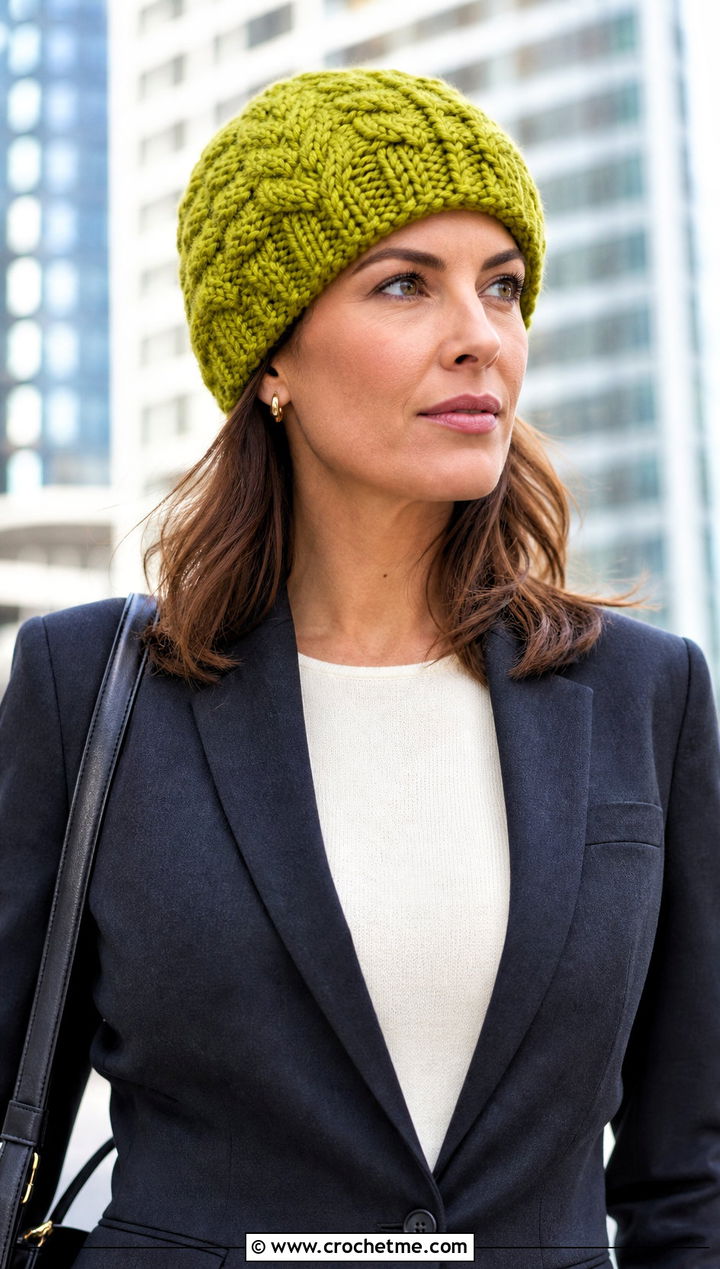 Cable Texture Crochet Cowl Hat With Pantsuit - 25 crochet cowl hat outfit ideas