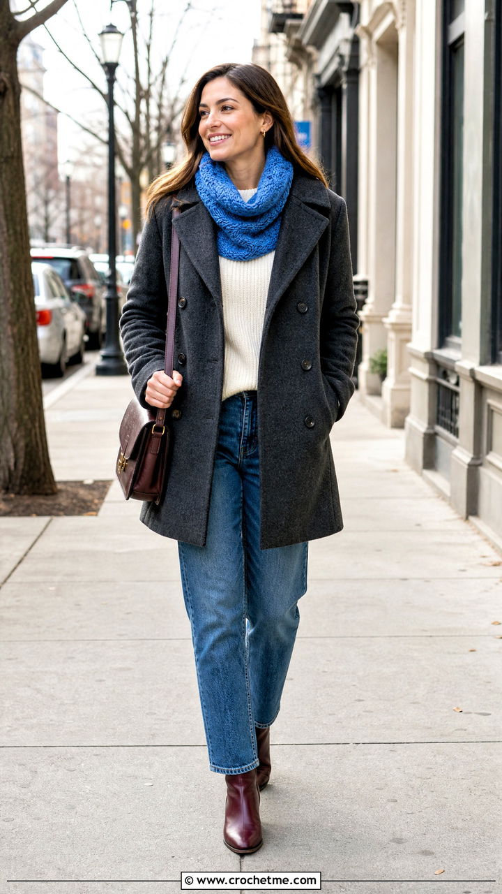 Cable Texture Crochet Cowl Neck Warmer With Peacoat Outfit - 35 crochet cowl neck warmer outfit ideas