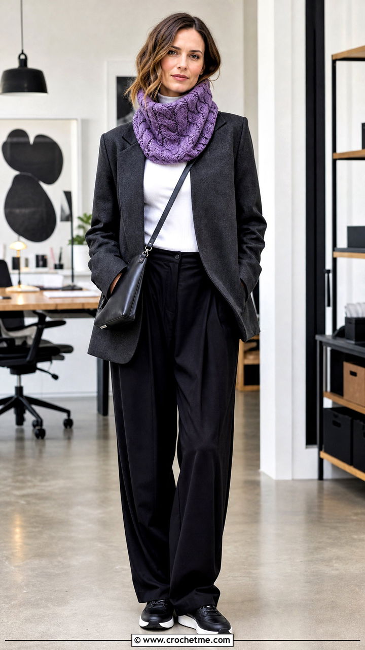 Cable Texture Crochet Cowl With Pleated Trousers - 35 crochet cowl outfit ideas