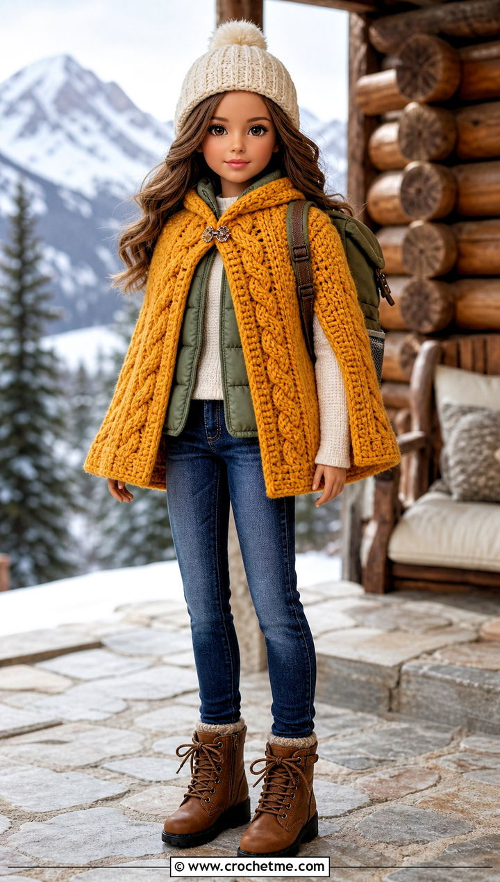 Cable Texture Crochet Doll Cape With Puffer Vest And Jeans - 25 Crochet Doll Cape outfit ideas
