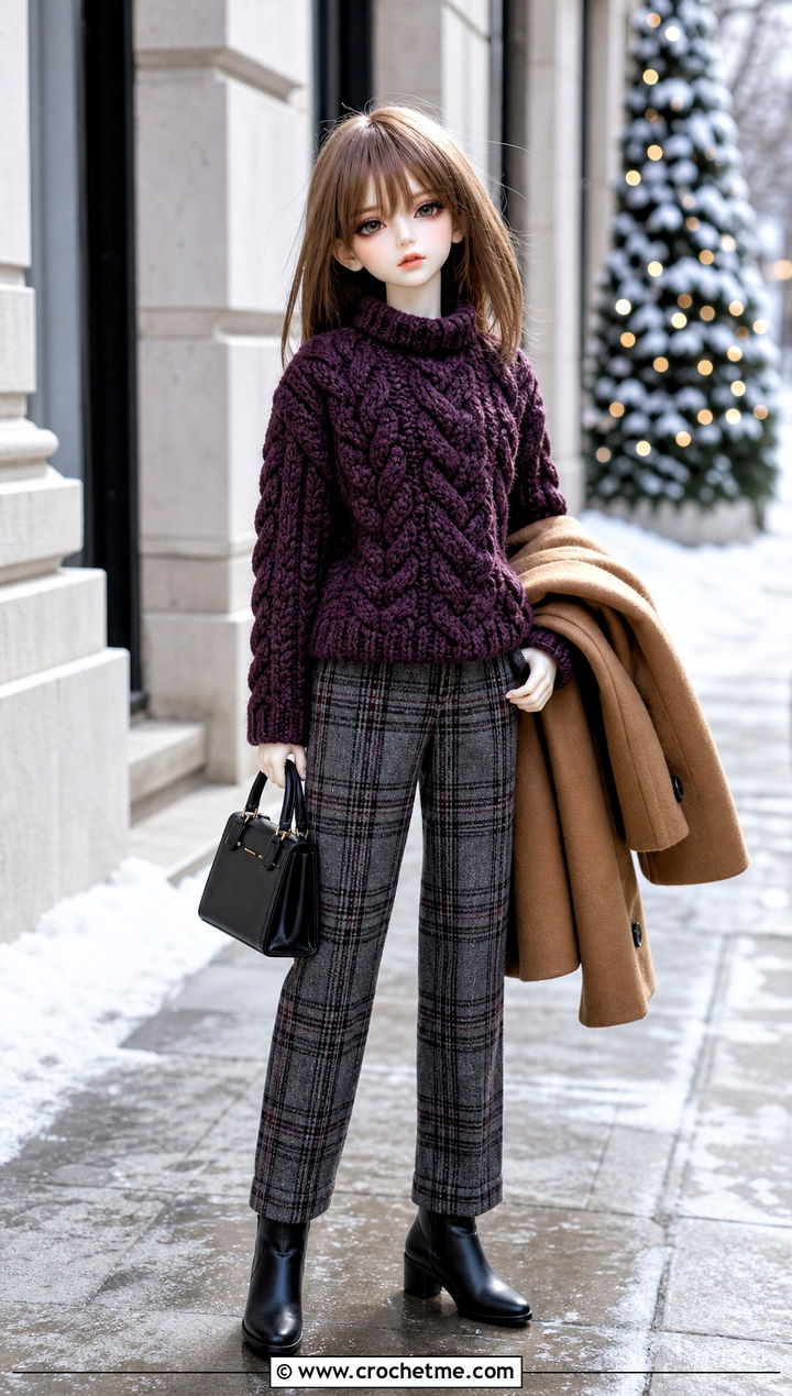 Cable Texture Crochet Doll Sweater With Plaid Pants - 20 Crochet Sweater For Dolls outfit ideas