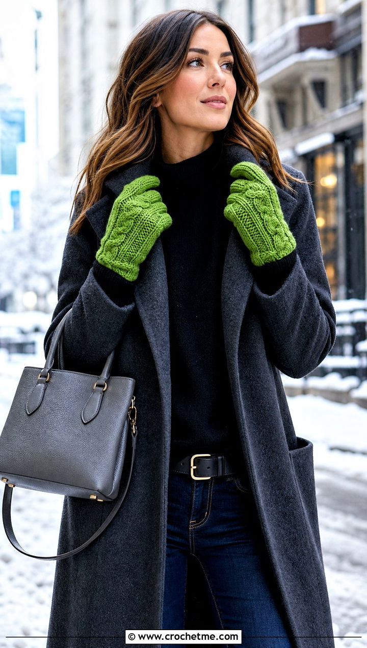 Cable Texture Crochet Driving Gloves With Wool Coat - 25 Crochet Driving Gloves outfit ideas
