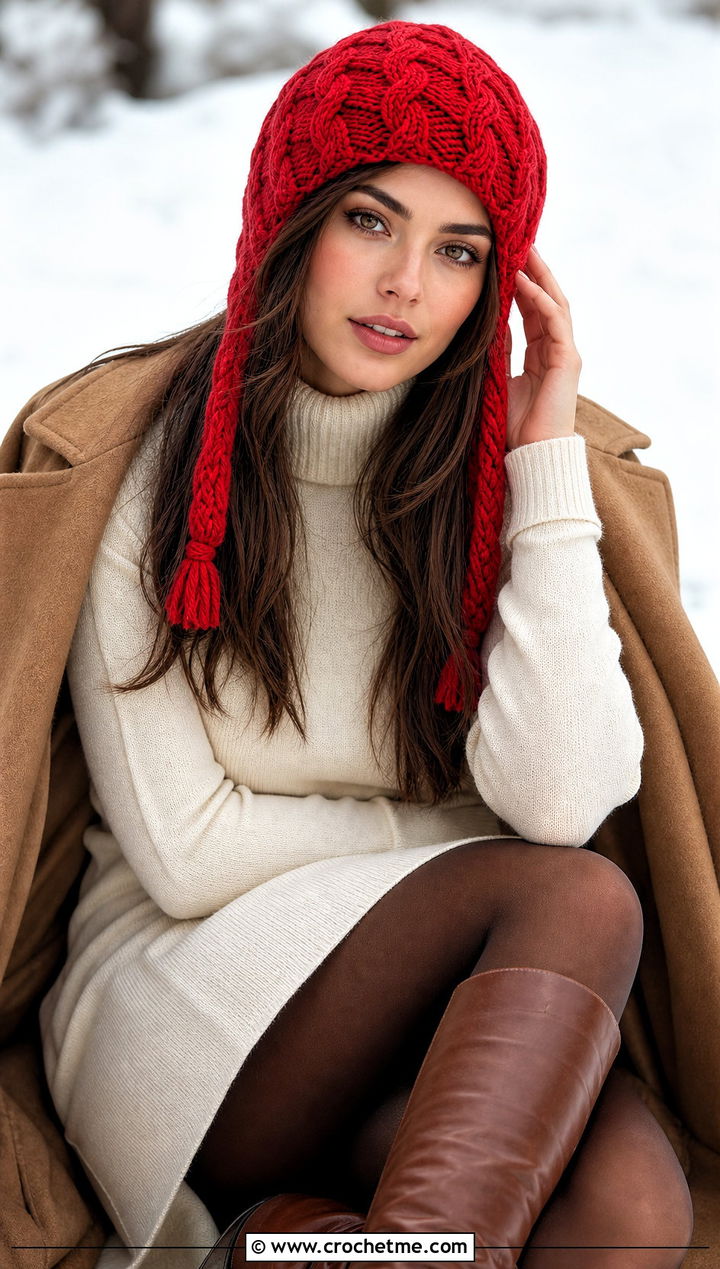 Cable Texture Crochet Earflap Beanie With Sweater Dress - 30 crochet earflap beanie outfit ideas