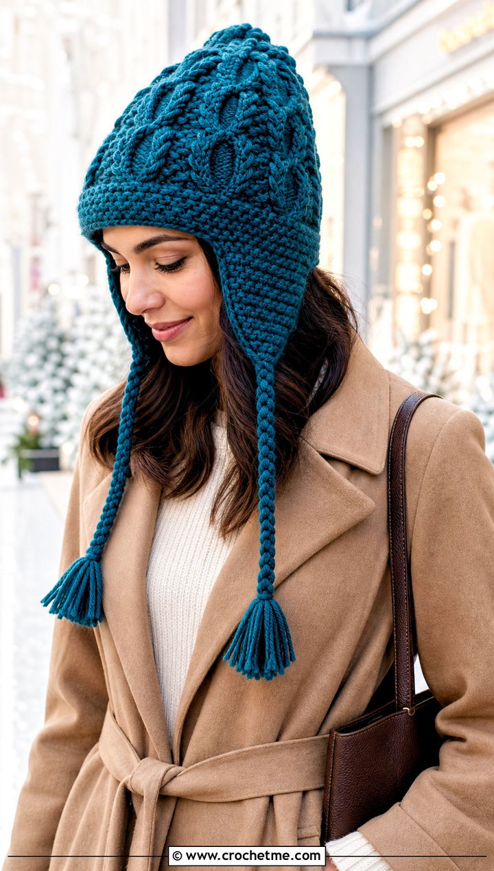 Cable Texture Crochet Earflap Hat With Sweater Dress - 15 Crochet Hat With Earflaps outfit ideas