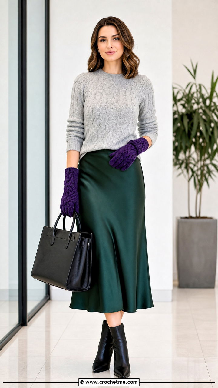Cable Texture Crochet Gloves With Cable Knit Sweater - 35 crochet hand gloves outfit ideas