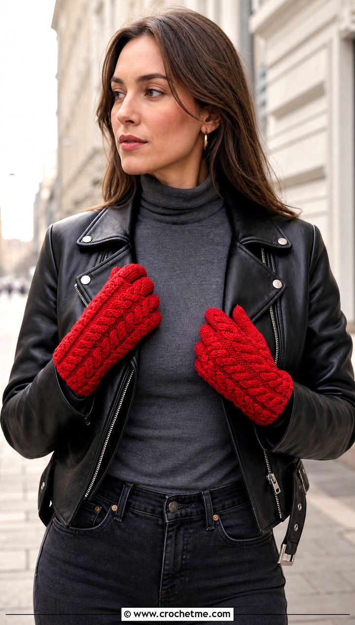 Cable Texture Crochet Gloves With Leather Jacket - 30 aesthetic crochet gloves outfit ideas