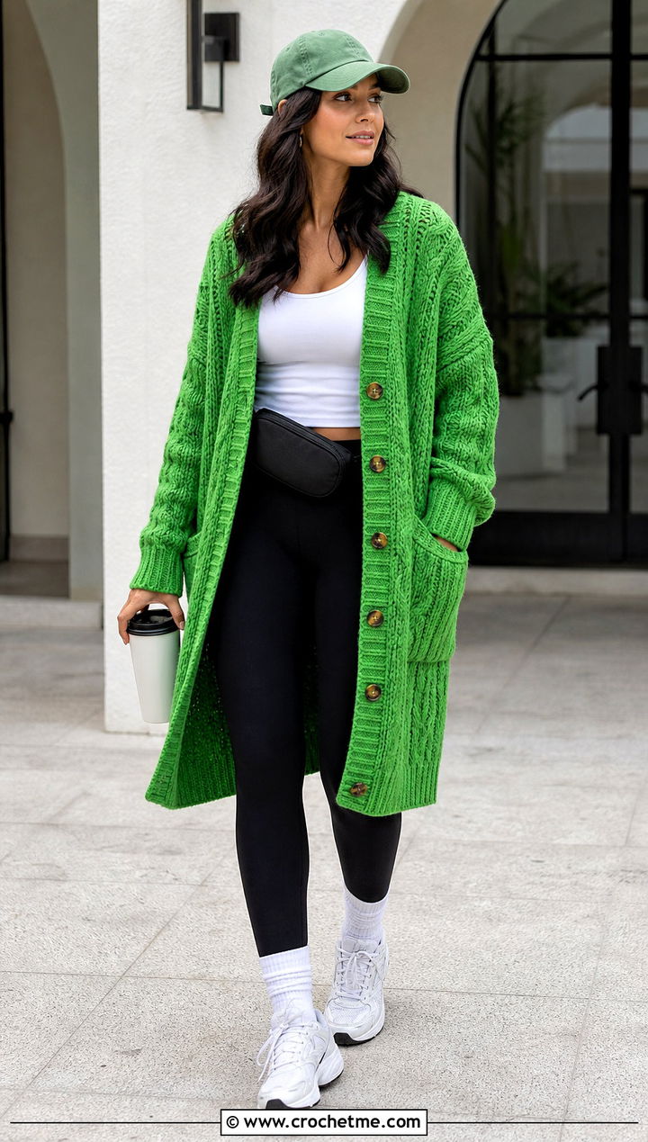 Cable Texture Crochet Grandpa Sweater With Leggings - 25 Crochet Grandpa Sweater outfit ideas