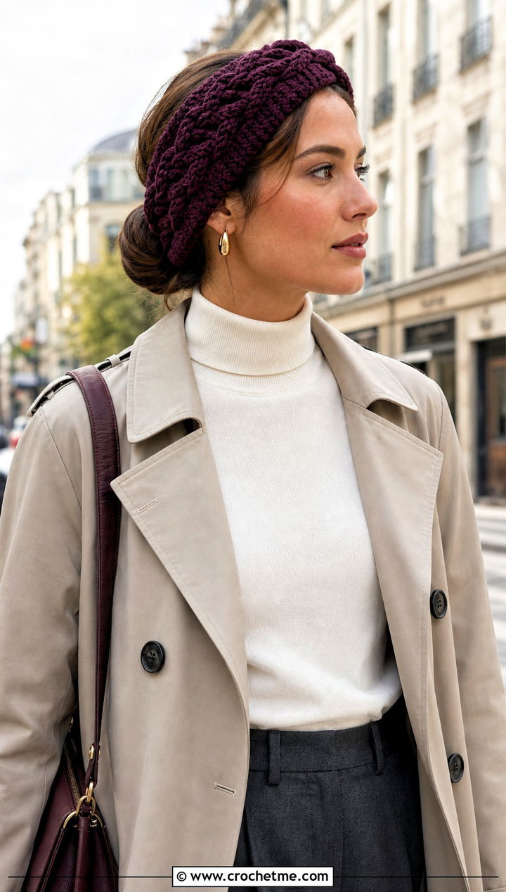 Cable Texture Crochet Hair Headband With Trench Coat And Trousers - 30 crochet hair headband outfit ideas