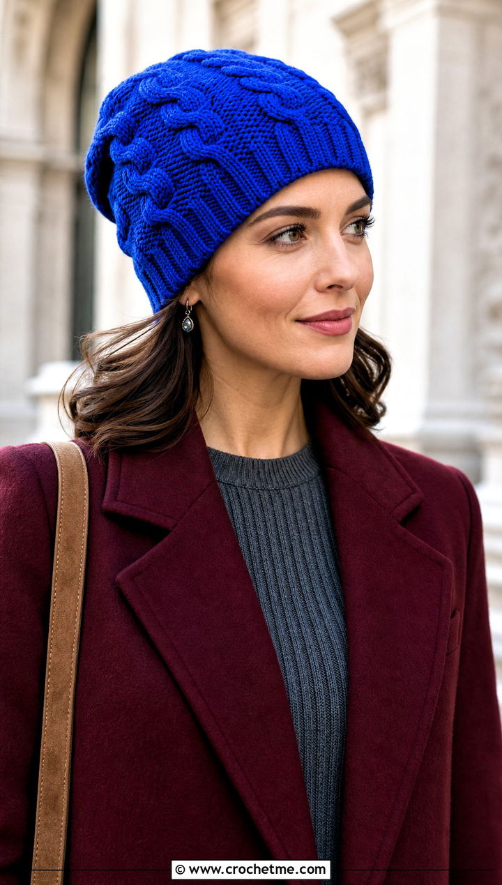 Cable Texture Crochet Hat With Sweater Dress - 30 winter crochet hats outfit ideas