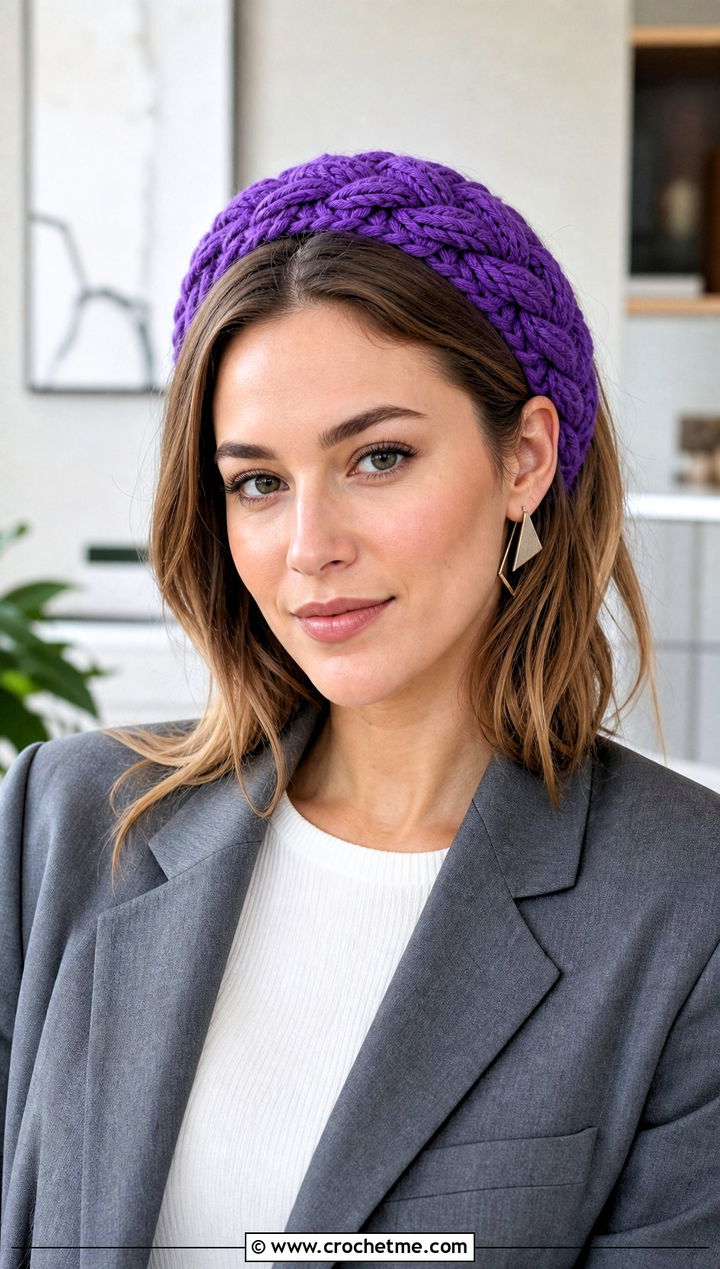 Cable Texture Crochet Headband With Tailored Blazer - 15 wool ease thick and quick crochet headband outfit ideas