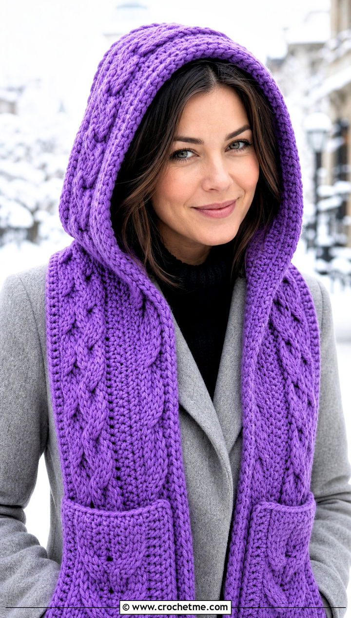 Cable Texture Crochet Hooded Pocket Scarf With Wool Coat - 25 crochet hooded pocket scarf outfit ideas