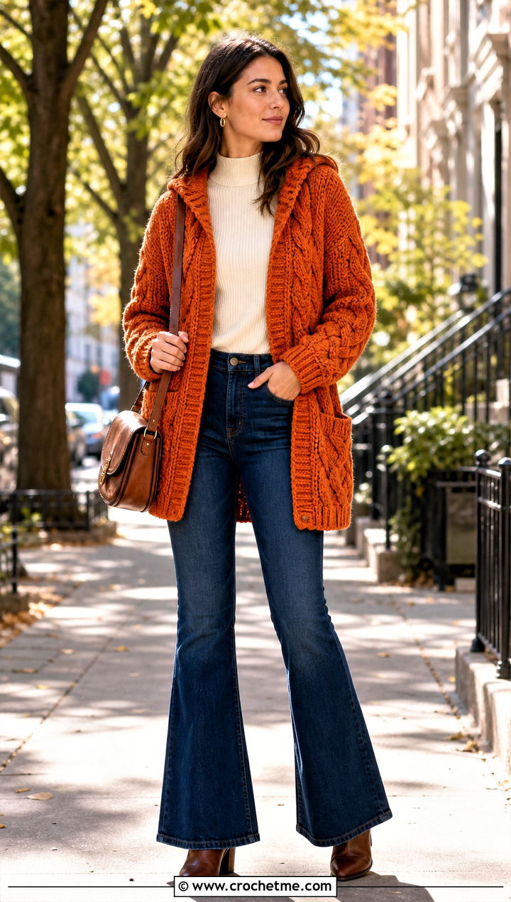 Cable Texture Crochet Hoodie Cardigan With Flare Jeans - 30 crochet hoodie cardigan outfit ideas