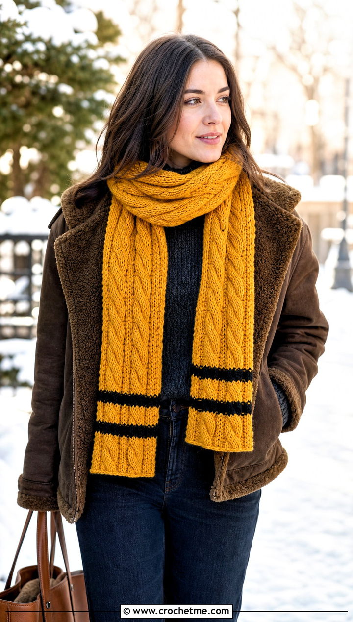Cable Texture Crochet Hufflepuff Scarf With Shearling Jacket - 30 crochet hufflepuff scarf outfit ideas