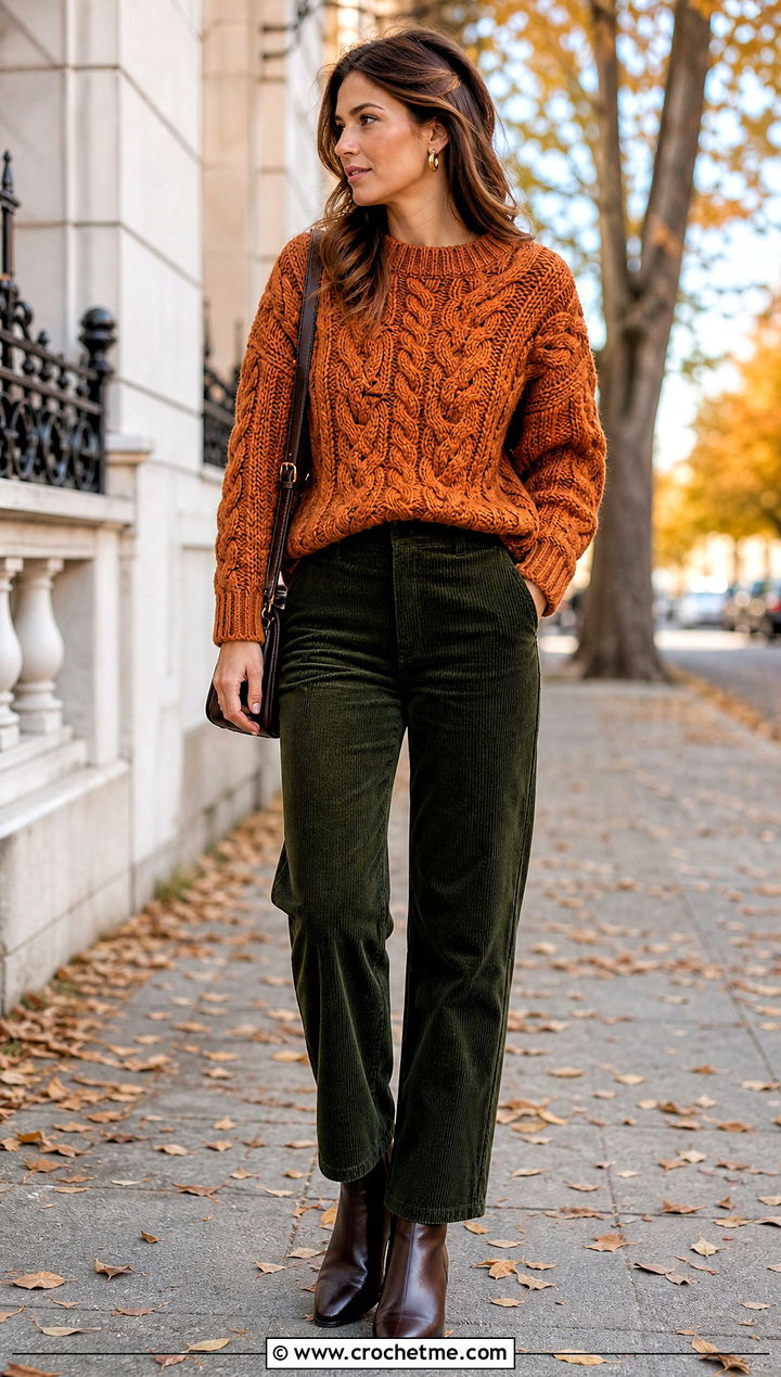 Cable Texture Crochet Jumper With Corduroy Pants - 25 crochet jumper for women outfit ideas
