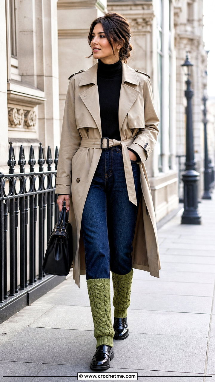 Cable Texture Crochet Leg Warmers With Trench Coat - 35 crochet leg warmers outfit ideas