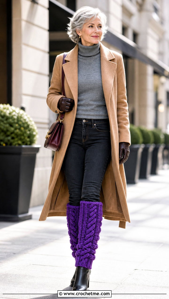 Cable Texture Crochet Leg Warmers With Wool Coat - 35 Easy Crochet Leg Warmers outfit ideas