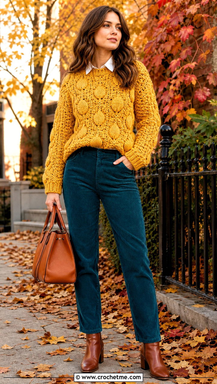 Cable Texture Crochet Lemon Sweater With Corduroy Pants - 25 Crochet Lemon Sweater outfit ideas
