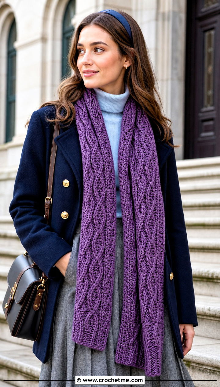 Cable Texture Crochet Long Scarf With Peacoat And Pleated Skirt - 25 Crochet Long Scarf outfit ideas