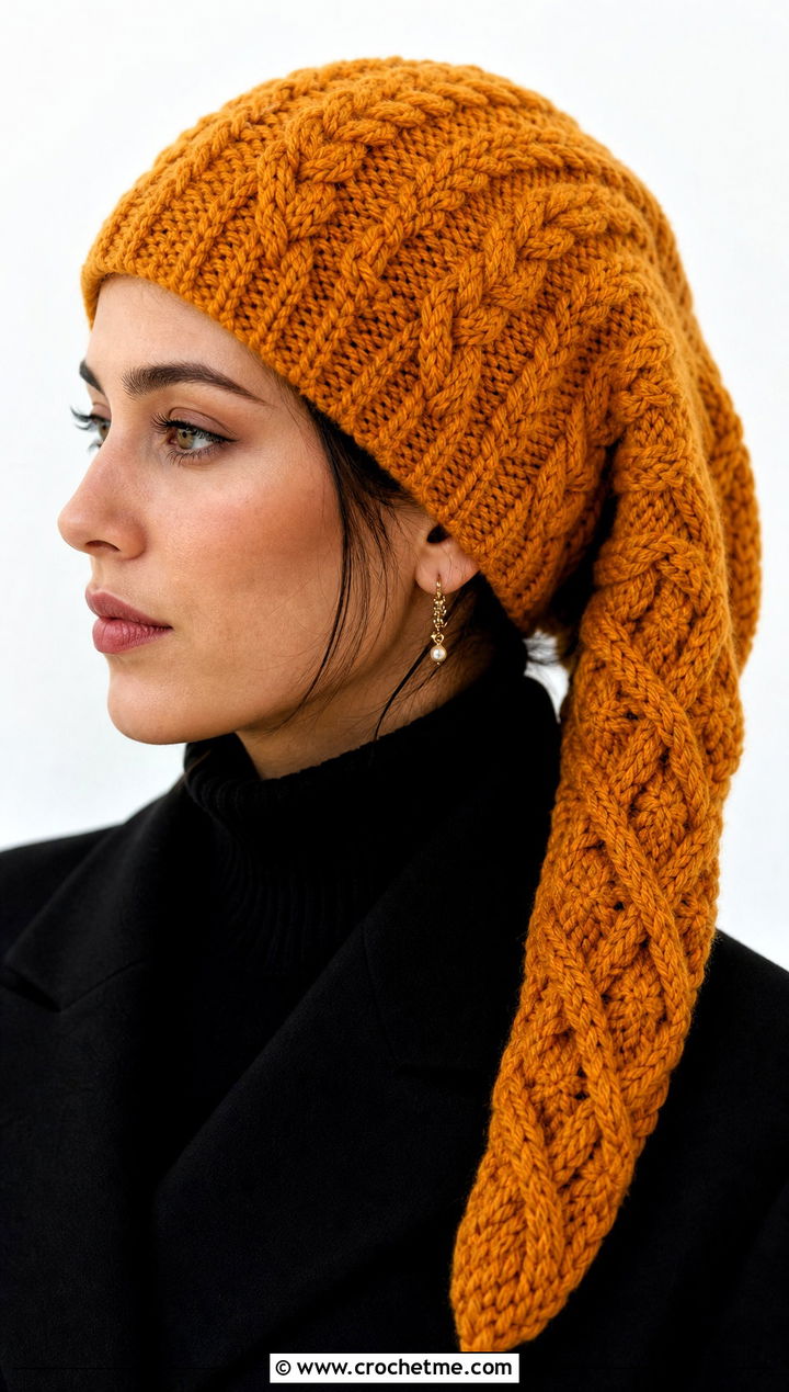 Cable Texture Crochet Long Stocking Cap With Monochrome Outfit - 20 Crochet Long Stocking Cap outfit ideas