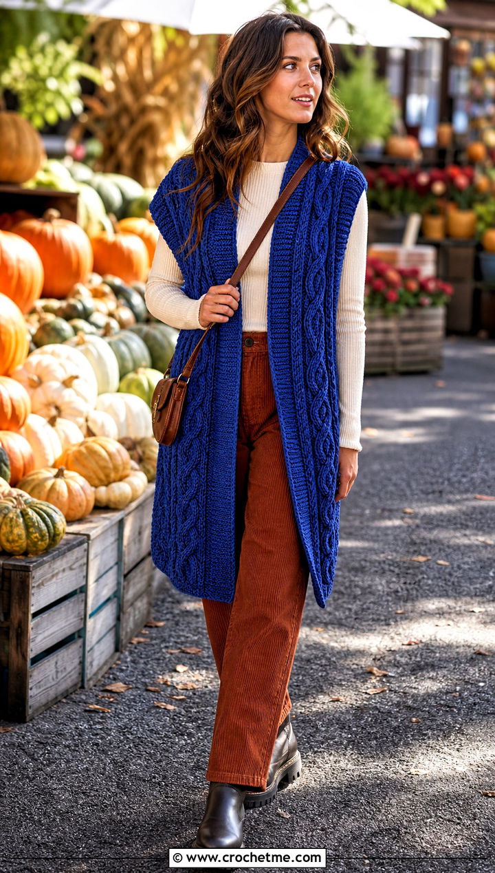 Cable Texture Crochet Long Vest With Corduroy Pants - 25 Easy Crochet Long Vest outfit ideas