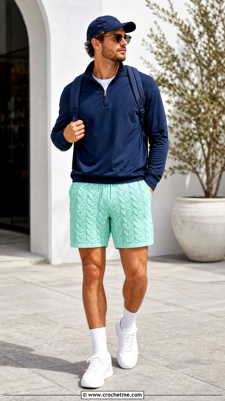 Cable Texture Crochet Mens Shorts With Quarter Zip Top - 35 Crochet Mens Shorts outfit ideas