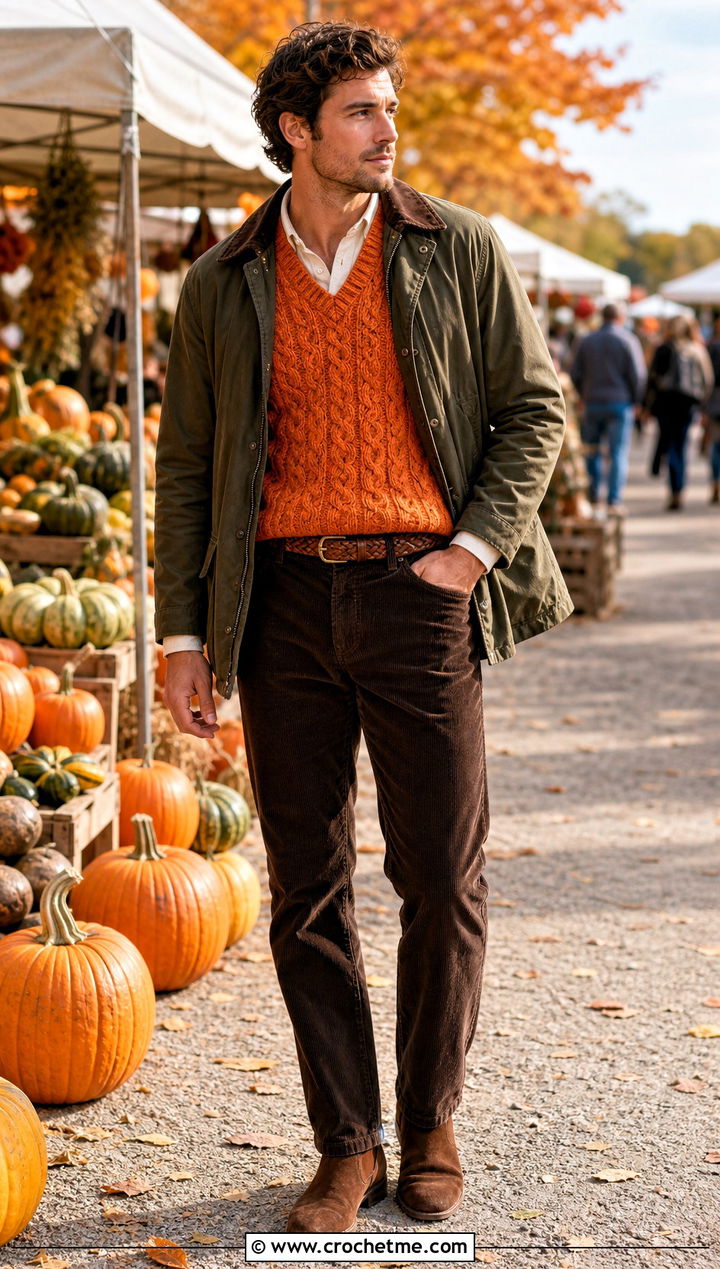 Cable Texture Crochet Mens Sweater Vest With Corduroy Pants - 25 crochet mens sweater vest outfit ideas
