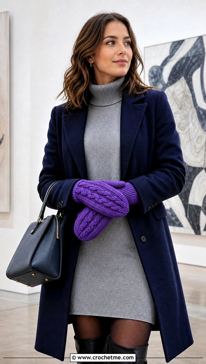 Cable Texture Crochet Mittens With Sweater Dress - 25 quick crochet mittens outfit ideas