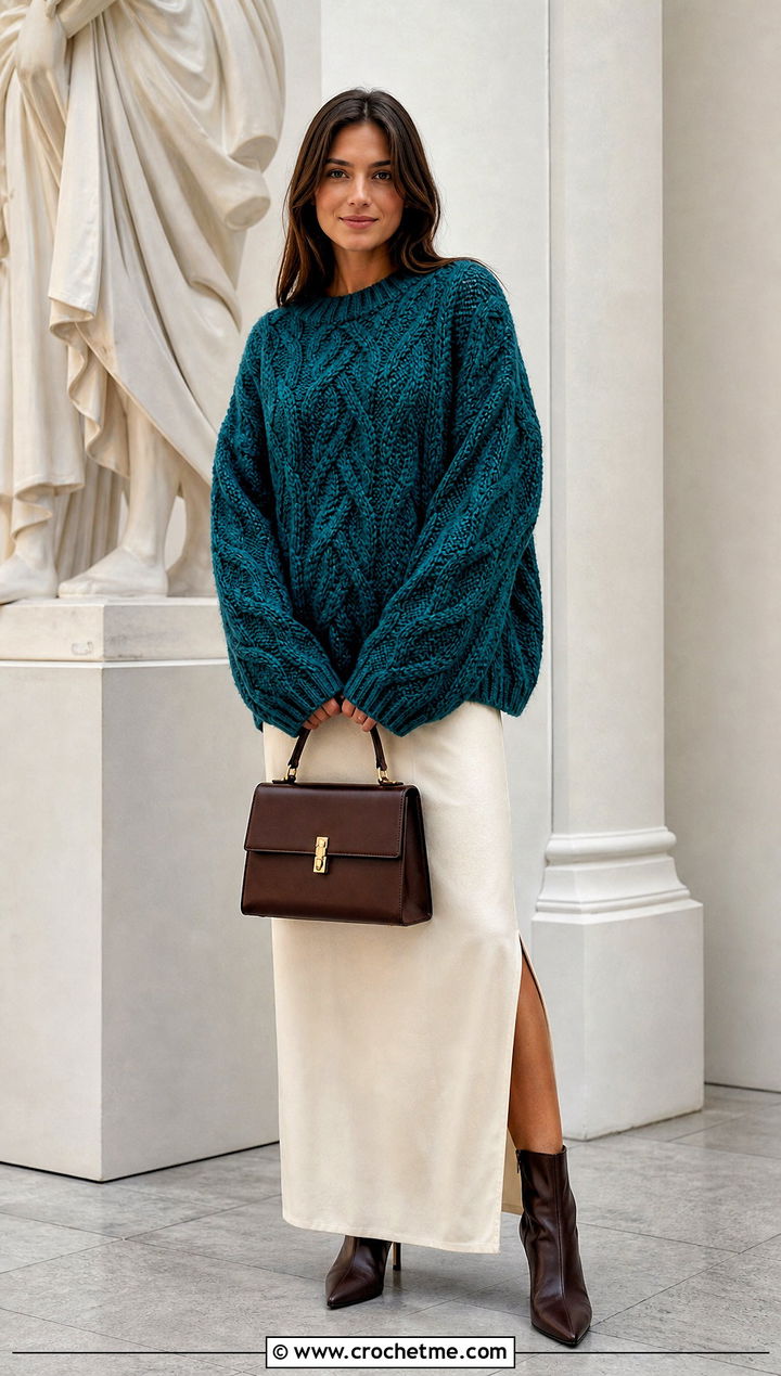 Cable Texture Crochet Oversize Sweater With Maxi Skirt - 20 Crochet Oversize Sweater outfit ideas