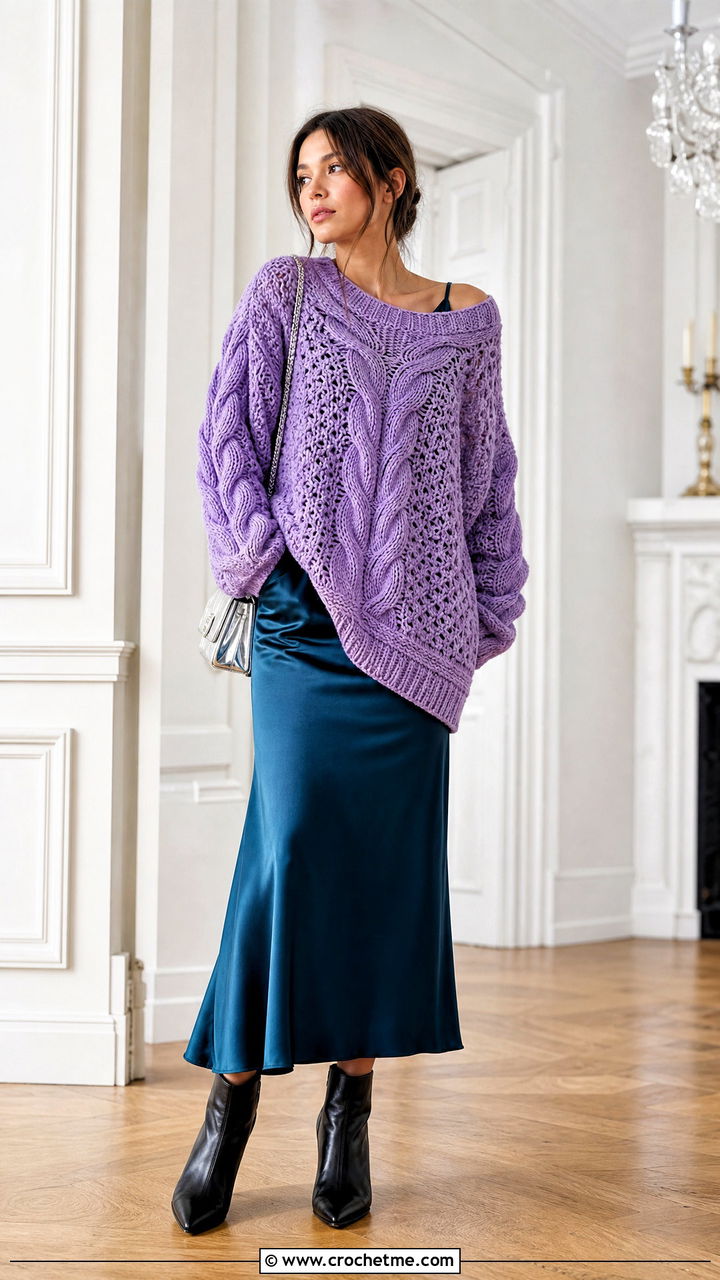 Cable Texture Crochet Oversized Sweater With Slip Dress - 35 crochet oversized sweater outfit ideas
