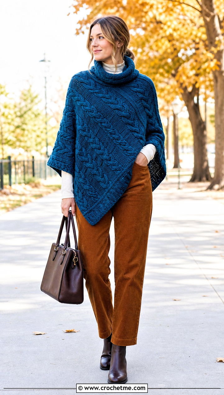 Cable Texture Crochet Poncho With Corduroy Pants - 25 ladies crochet poncho outfit ideas