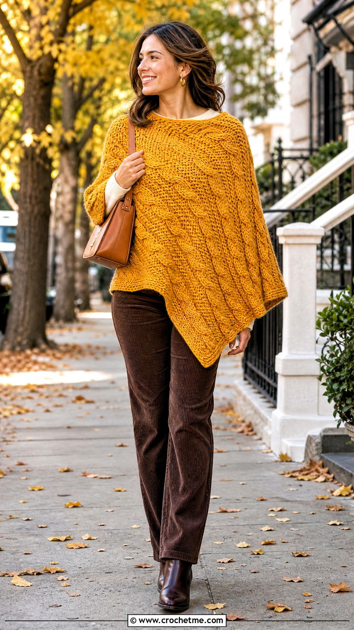Cable Texture Crochet Poncho With Corduroy Pants - 35 easy crochet poncho outfit ideas