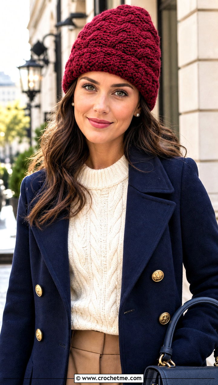 Cable Texture Crochet Rectangle Beanie With Peacoat And Loafers - 25 Crochet Rectangle Beanie outfit ideas