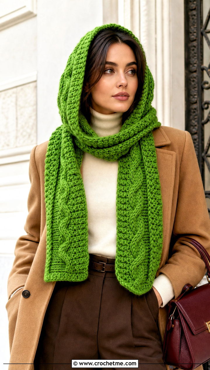 Cable Texture Crochet Scarf Hood With Wool Coat - 30 crochet scarf hood outfit ideas