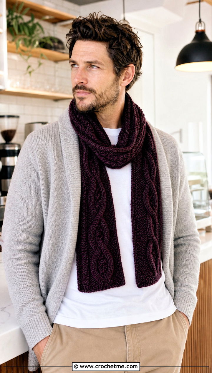 Cable Texture Crochet Scarf With Cardigan - 30 Mens Crochet Scarf outfit ideas