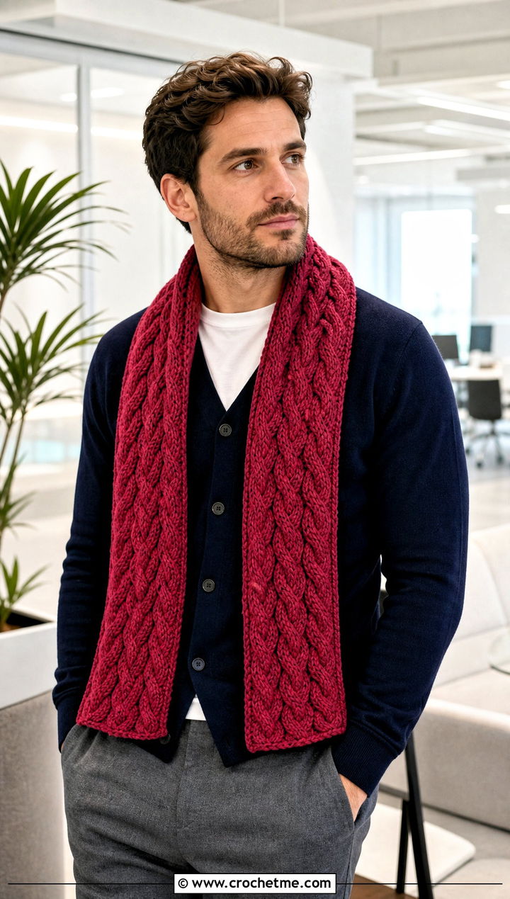 Cable Texture Crochet Scarf With Cardigan - 30 crochet scarf ideas for men