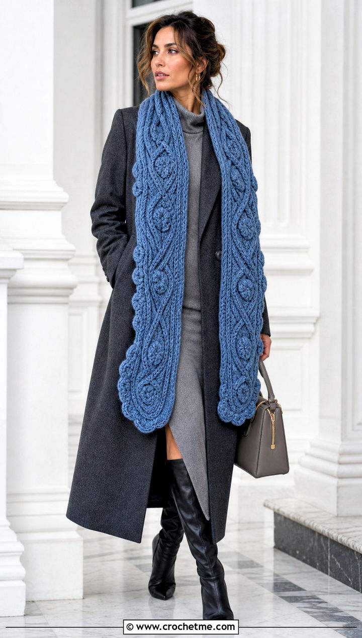 Cable Texture Crochet Scarf With Long Coat - 30 bulky crochet scarf outfit ideas